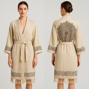 Turkish Robe Natural Beige Cotton Hand Stamped Lotus Mandala Print Size L/XL NEW